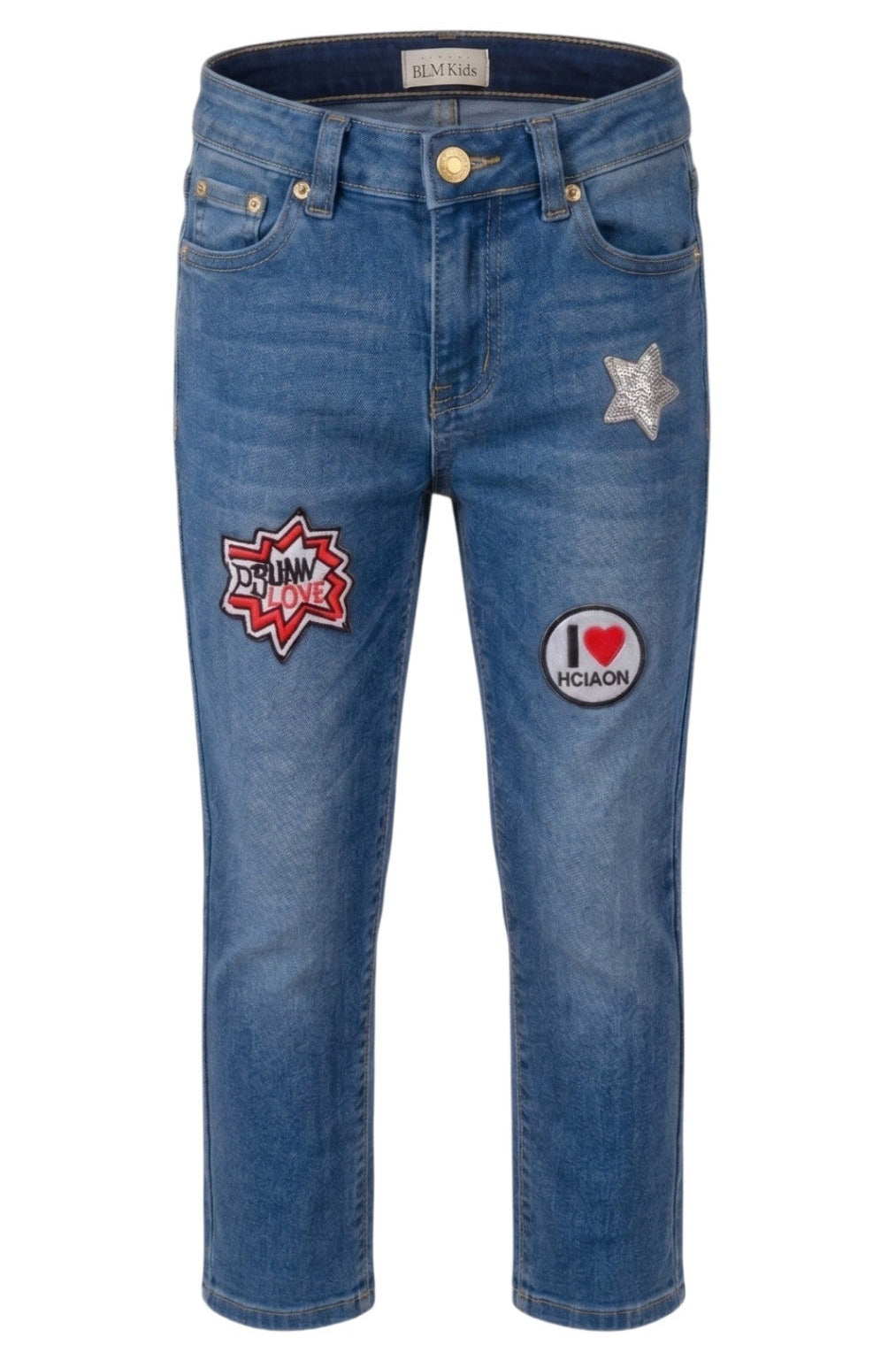 Jean Fille Denim Bleu – 3 Patchs Brodés (Étoile Sequins, Love, I ❤) – Bouton Doré – 4 à 14 ans – Neuf