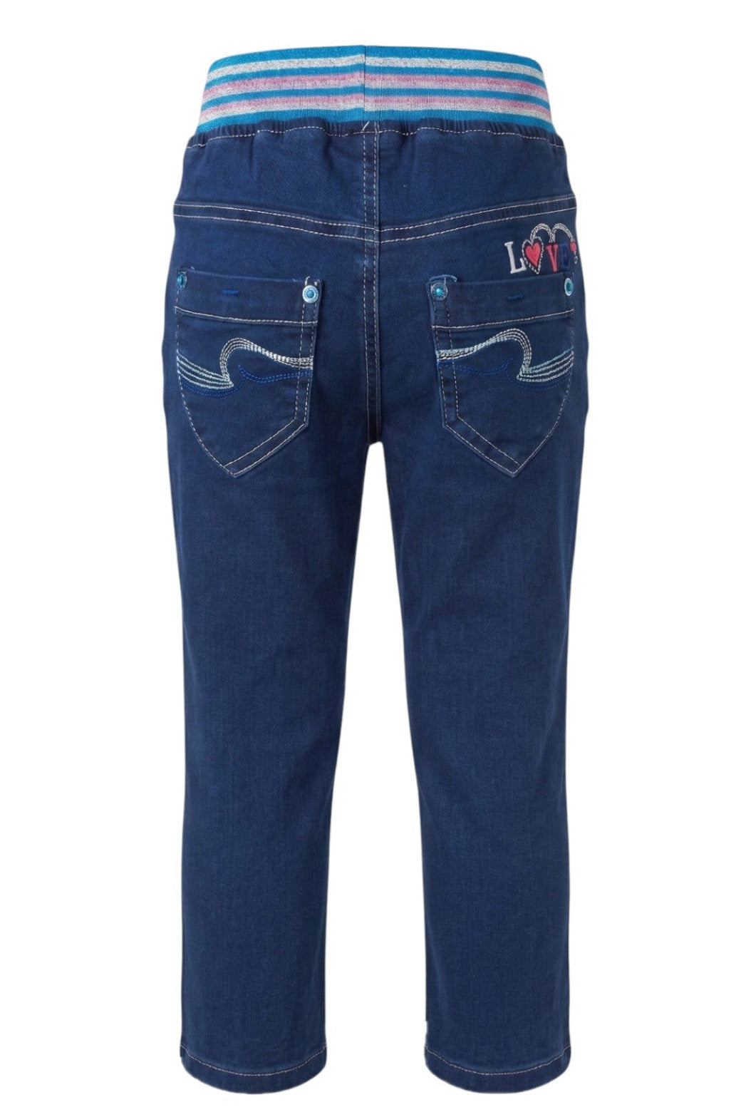 Jean Fille Stretch Bleu – Ceinture Élastique Rayée Multicolore – Broderie & Strass Devant – "LOVE" au Dos – 18 mois à 8 ans – Neuf