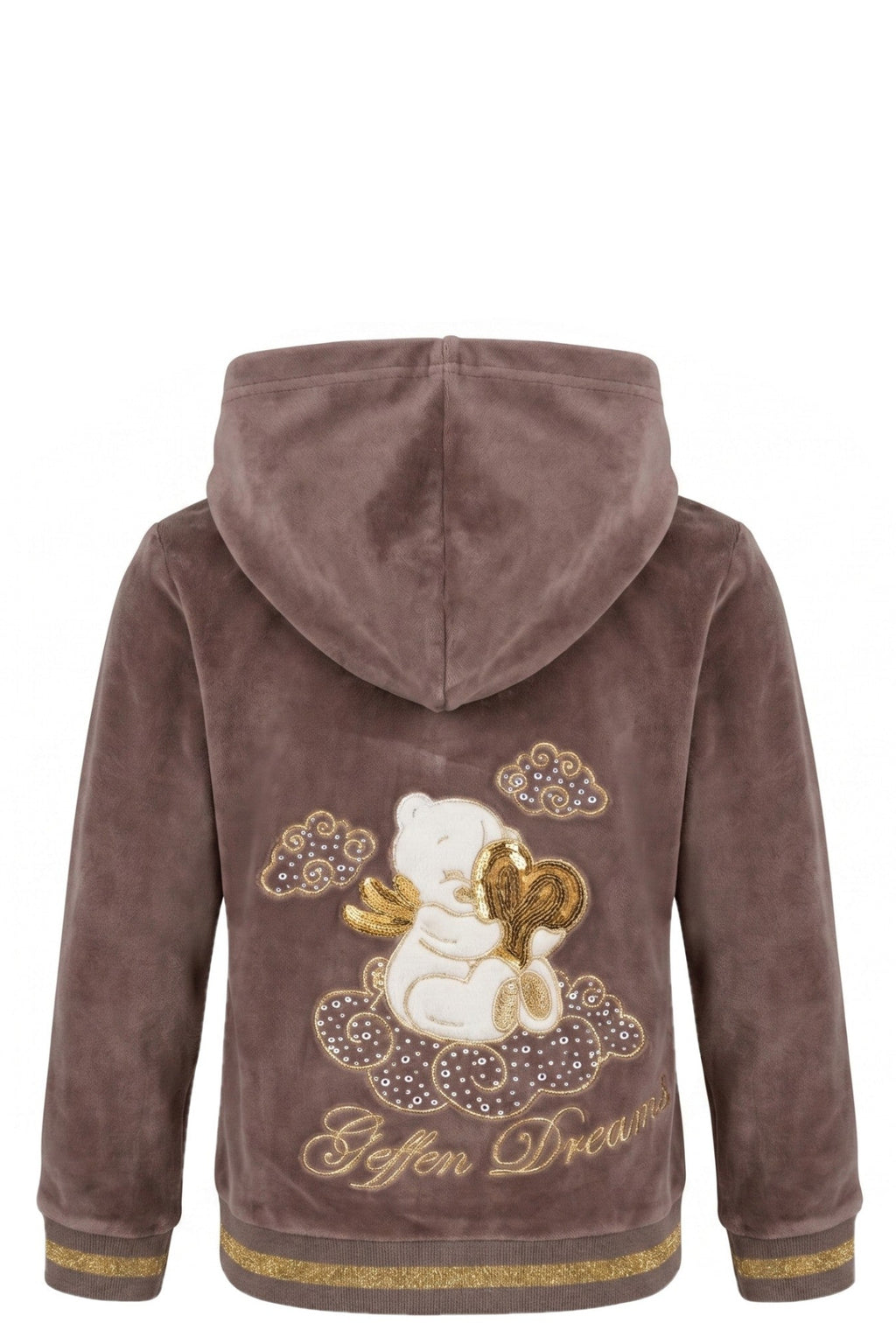 Ensemble Velours Fille Geffen Dreams – Veste Capuche Zipée + Pantalon Taupe & Or – 2 à 14 ans – Neuf
