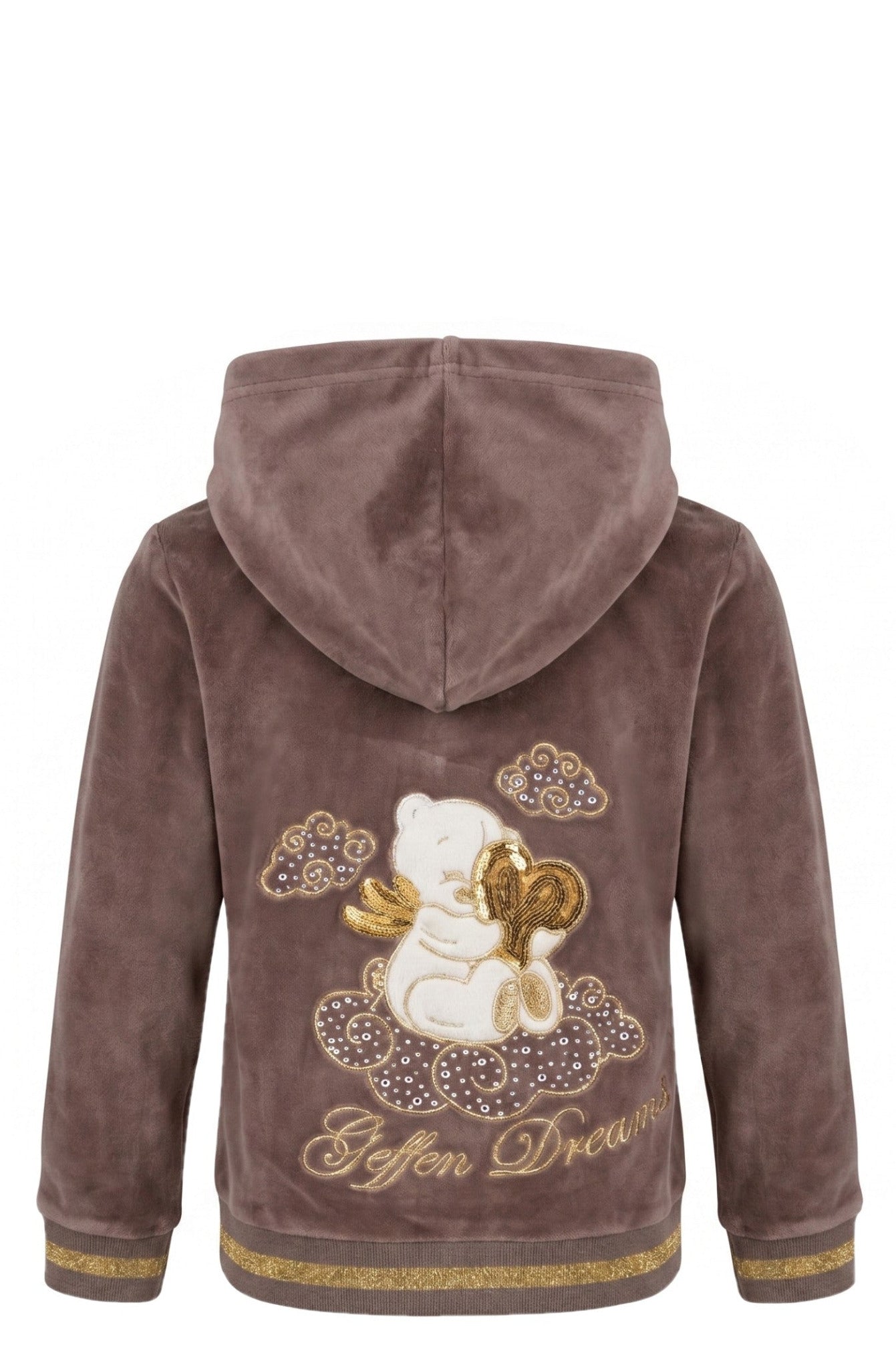 Ensemble Velours Fille Geffen Dreams – Veste Capuche Zipée + Pantalon Taupe & Or – 2 à 14 ans – Neuf
