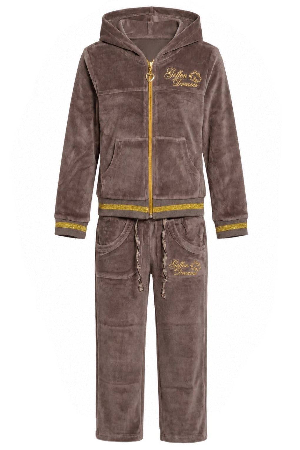 Ensemble Velours Fille Geffen Dreams – Veste Capuche Zipée + Pantalon Taupe & Or – 2 à 14 ans – Neuf