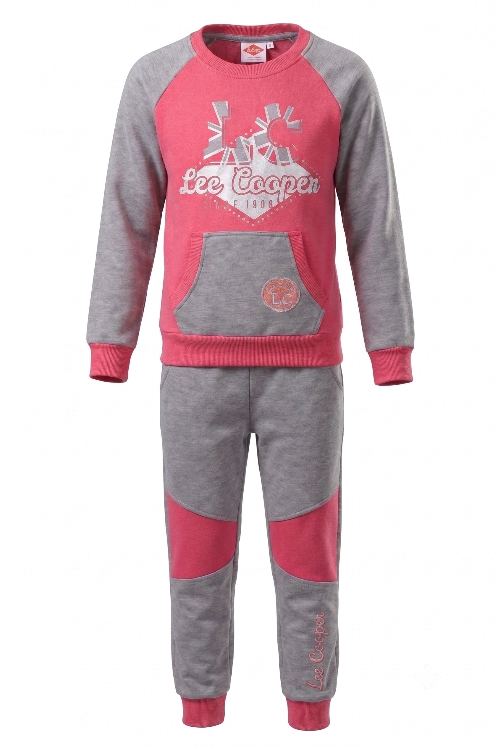 Ensemble Jogging Fille Lee Cooper – Sweat Rose + Pantalon Gris Color Block – 4 à 12 ans – Neuf