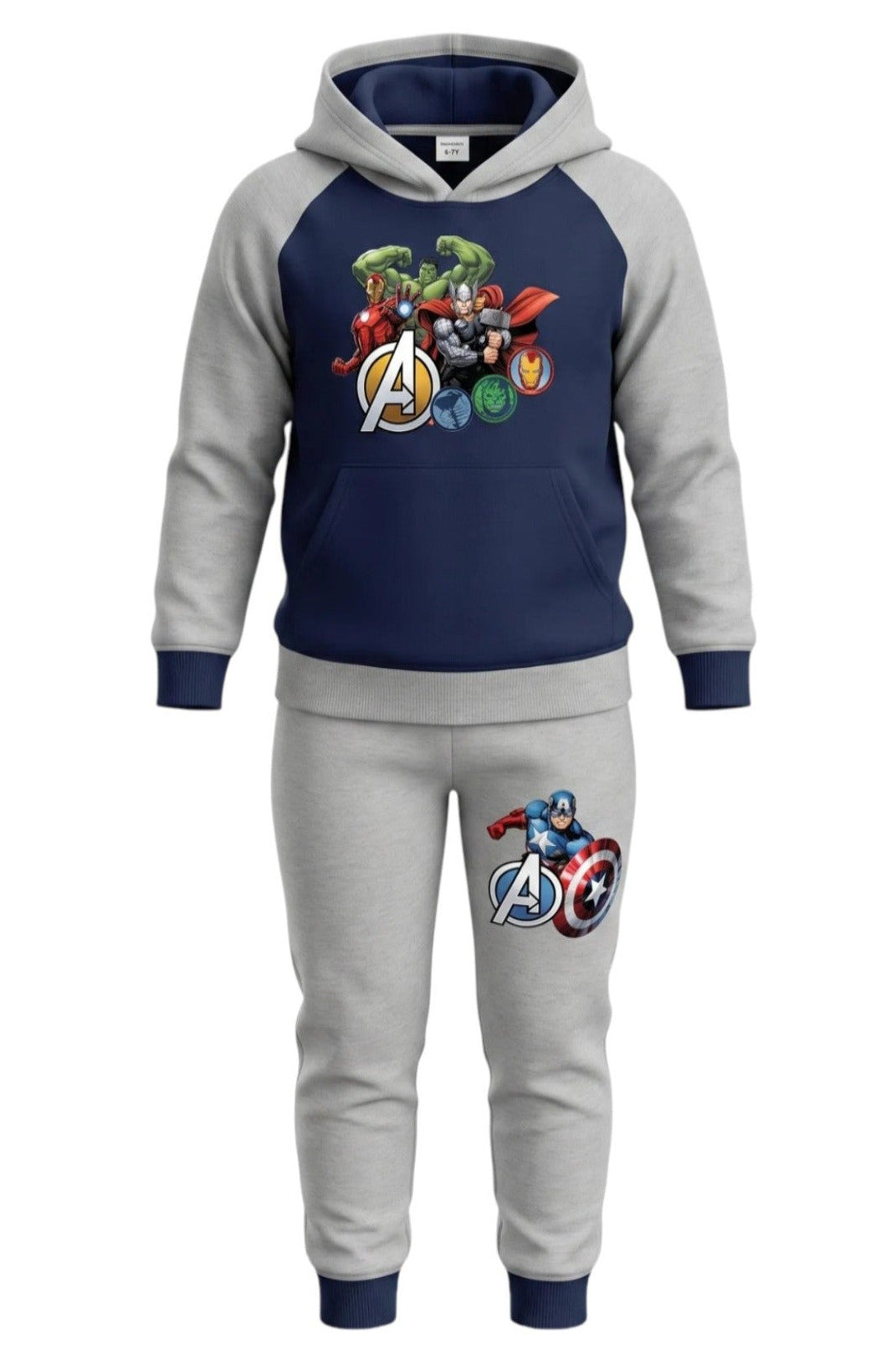 Jogging 2 Pièces Garçon – Sweat Capuche Bleu Marine & Gris Avengers + Pantalon Gris Captain America – 3 à 10 ans – Neuf
