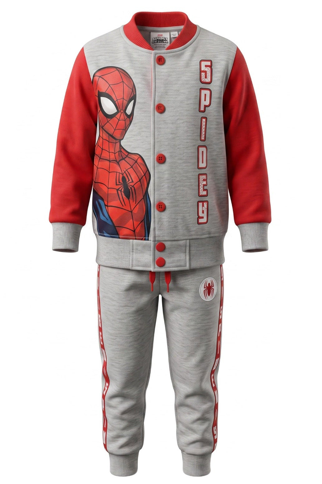 Ensemble 2 Pièces Garçon – Veste Teddy Gris & Rouge Spider-Man “Spidey” + Pantalon Jogger Gris – Bandes Rouges – Marvel – 2 à 8 ans – Neuf