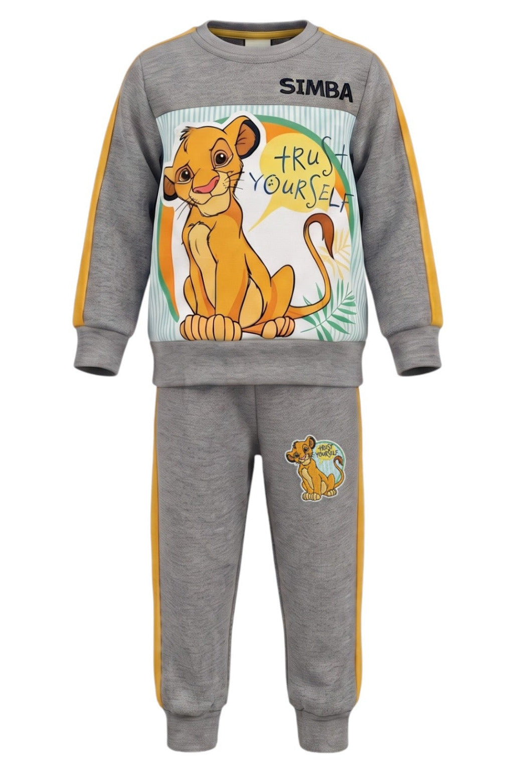 Jogging 2 Pièces Garçon – Sweat Col Rond Gris Simba “Trust Yourself” + Pantalon Gris – Bandes Jaune Moutarde – Disney Le Roi Lion – 2 à 8 ans – Neuf