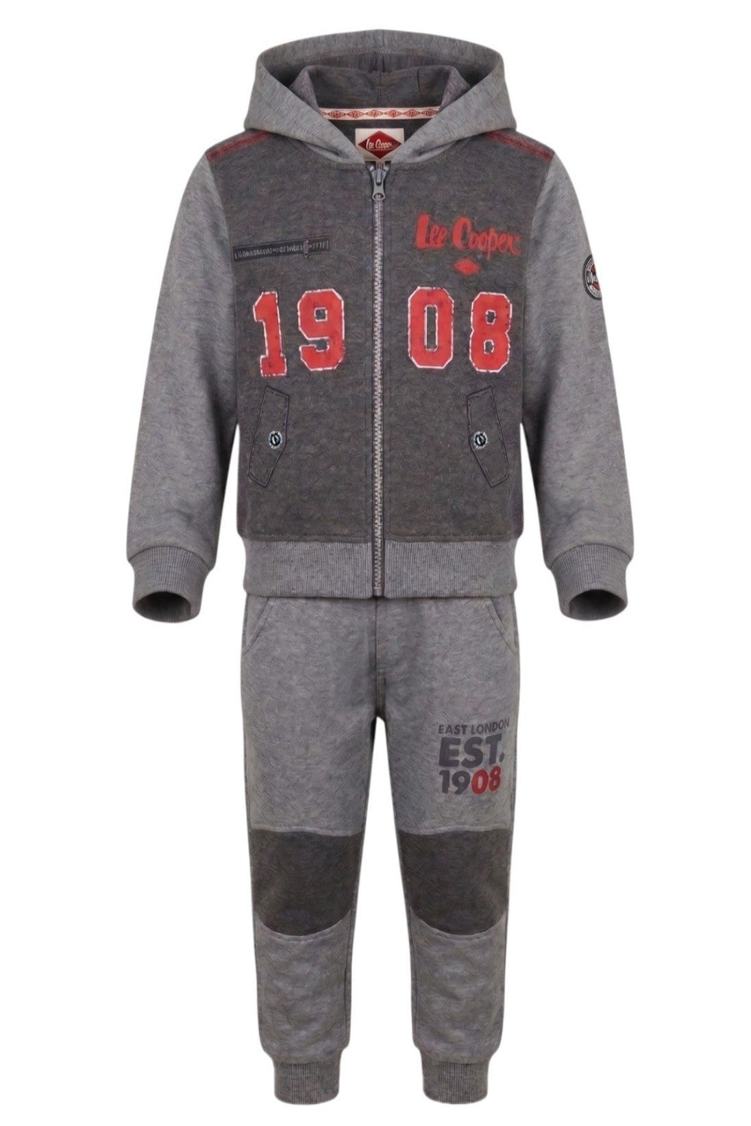 Jogging 2 Pièces Garçon Gris – Sweat Zippé Capuche Lee Cooper “1908” + Pantalon “East London EST. 1908” – 4 à 14 ans – Neuf