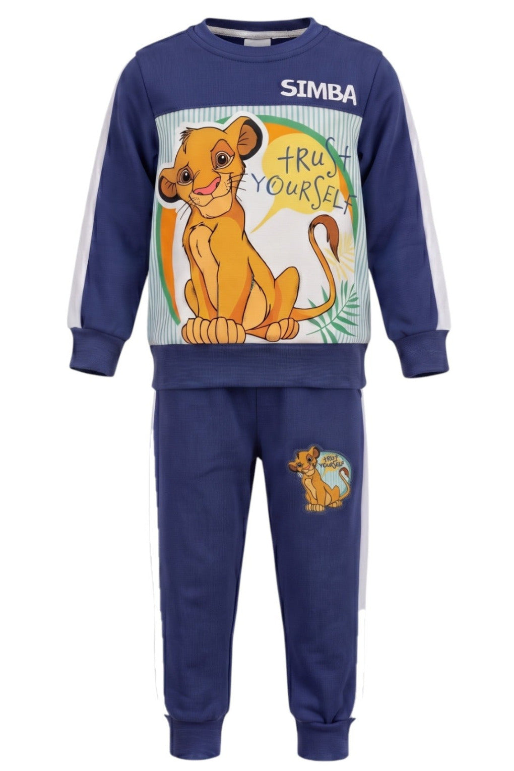 Jogging 2 Pièces Garçon – Sweat Col Rond Bleu Marine Simba “Trust Yourself” + Pantalon Bleu – Bandes Blanches – Disney Le Roi Lion – 2 à 8 ans – Neuf