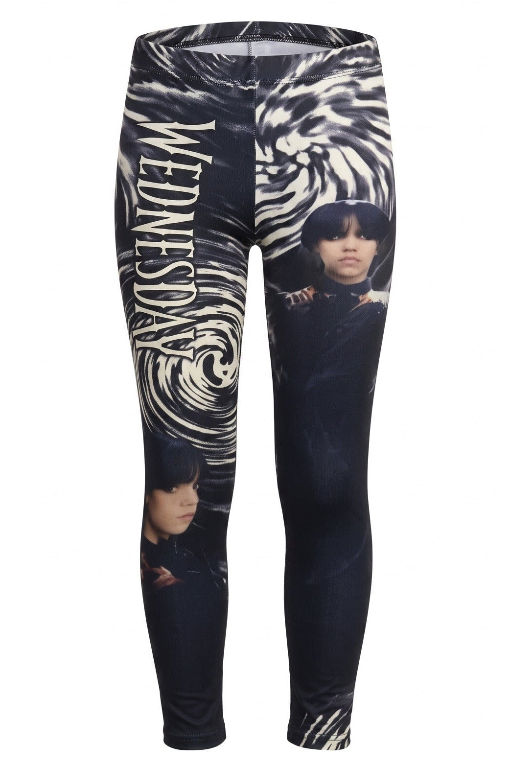 Legging Fille Mercredi Addams – Portrait & Vortex Noir/Blanc – Impression Sublimée – 4 à 14 ans – Neuf
