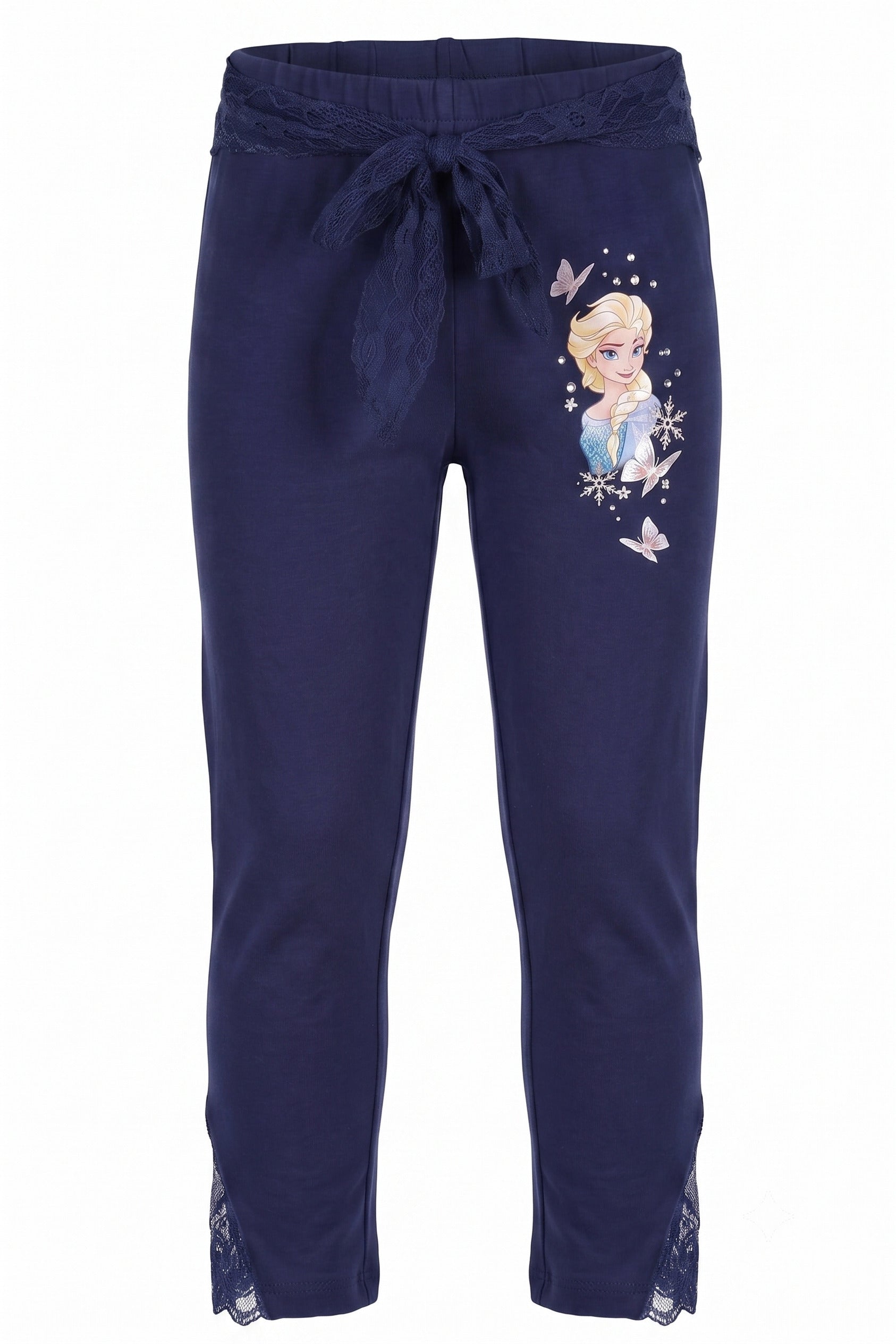 Pantalon Fille Bleu Marine – Motif Elsa Reine des Neiges – Ceinture Dentelle & Nœud – 4 à 8 ans – Neuf