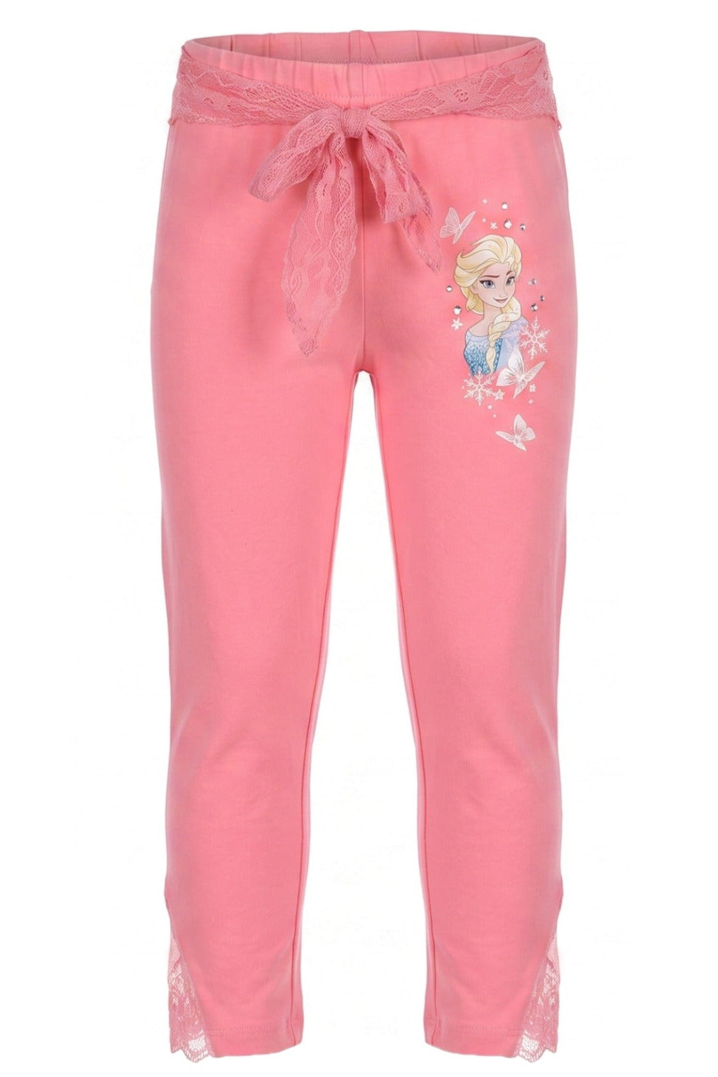 Pantalon Fille Rose Corail – Motif Elsa Reine des Neiges – Ceinture Dentelle & Nœud – 4 à 8 ans – Neuf