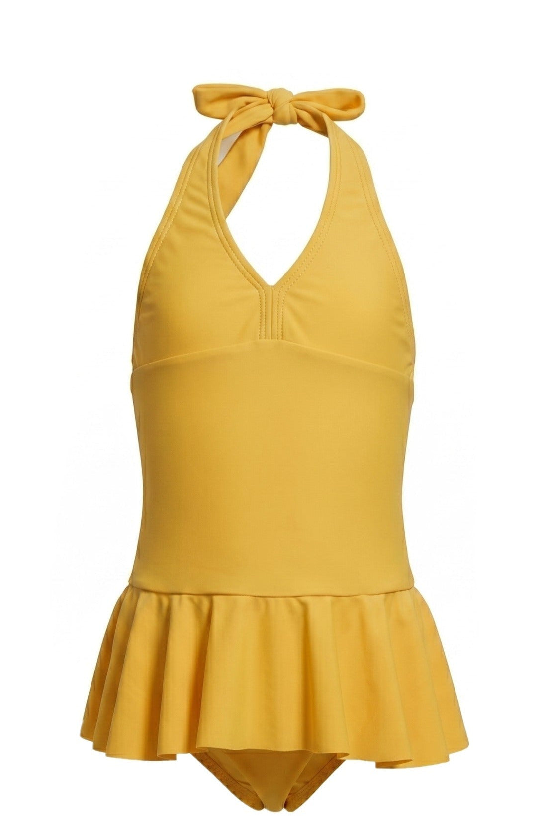 Maillot de Bain 1 Pièce Fille – Jaune Soleil avec Jupette & Dos Nu – 5 à 10 ans – Neuf