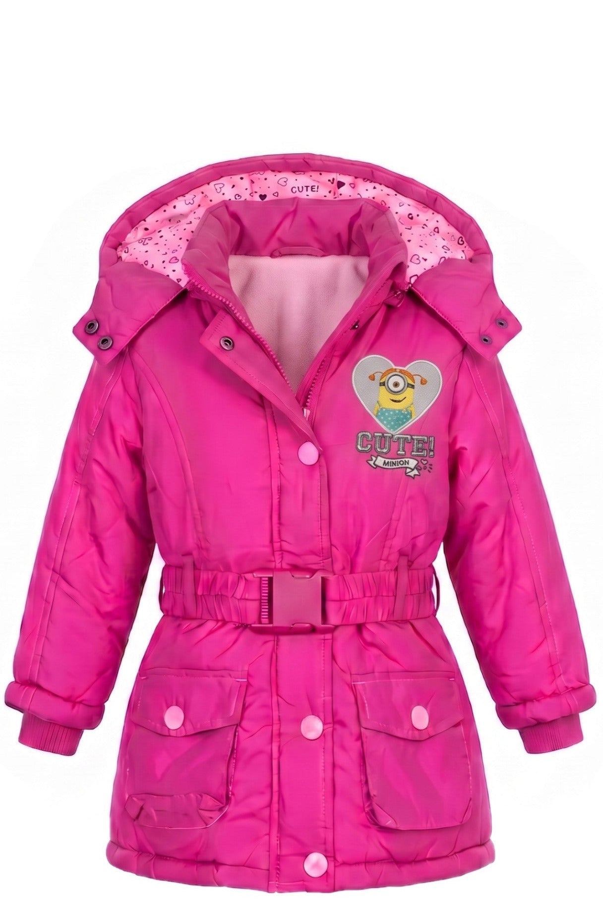 Doudoune Fille Les Minions – Rose Fuchsia – Capuche, Ceinture & Doublure Chaude – 3 à 8 ans – Neuve