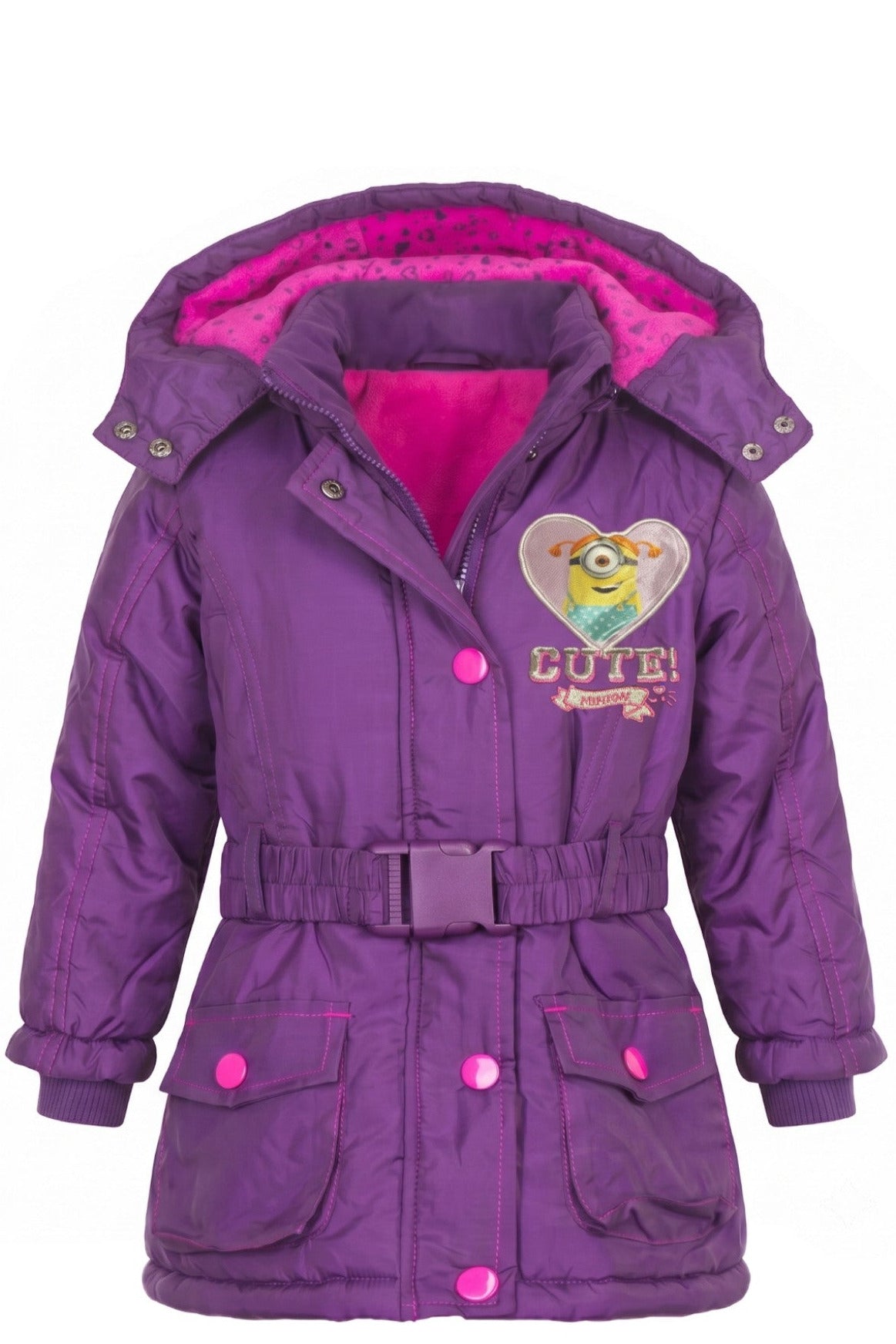 Doudoune Fille Les Minions – Violet & Rose – Capuche, Ceinture & Doublure Chaude – 3 à 8 ans – Neuve
