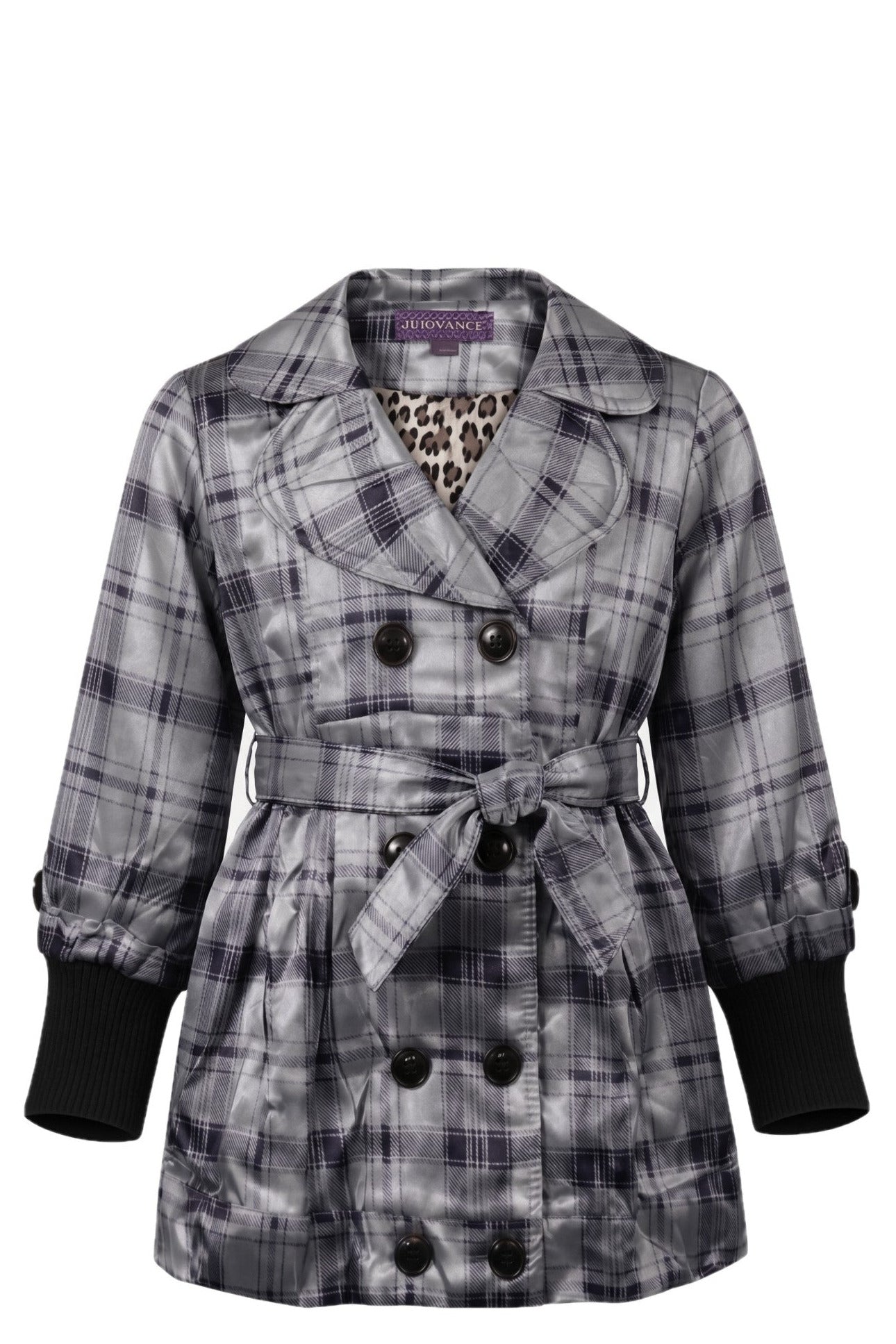 Manteau Trench-coat Fille Buoyance – Gris à Carreaux & Doublure Léopard – 4 à 12 ans – Neuf