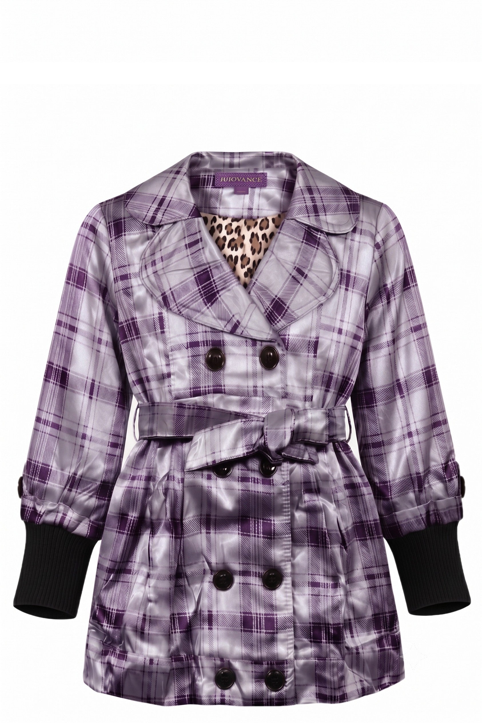Manteau Trench-coat Fille Buoyance – Gris Argenté & Violet à Carreaux & Doublure Léopard – 4 à 12 ans – Neuf