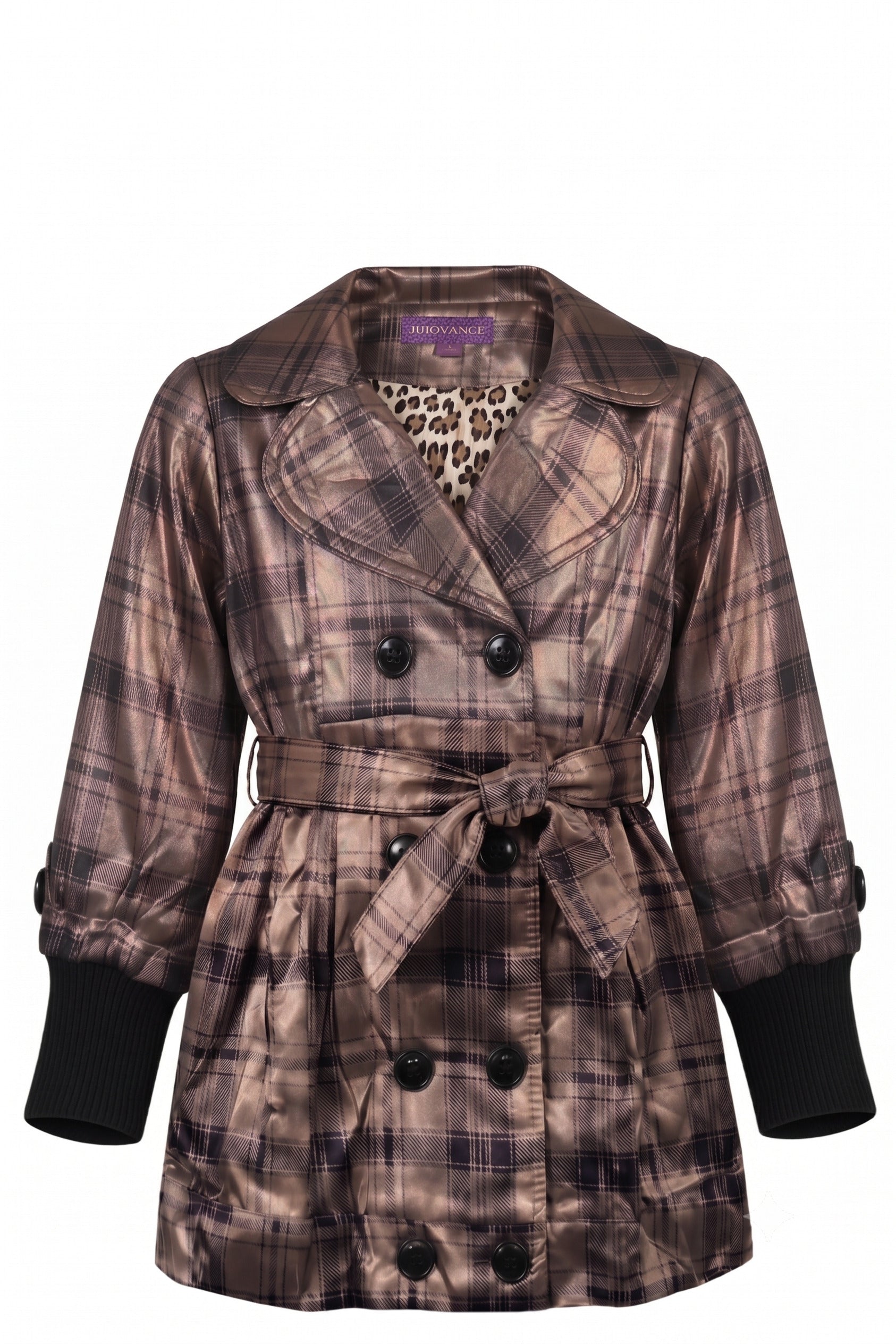 Manteau Trench-coat Fille Buoyance – Marron Doré à Carreaux & Doublure Léopard – 4 à 12 ans – Neuf
