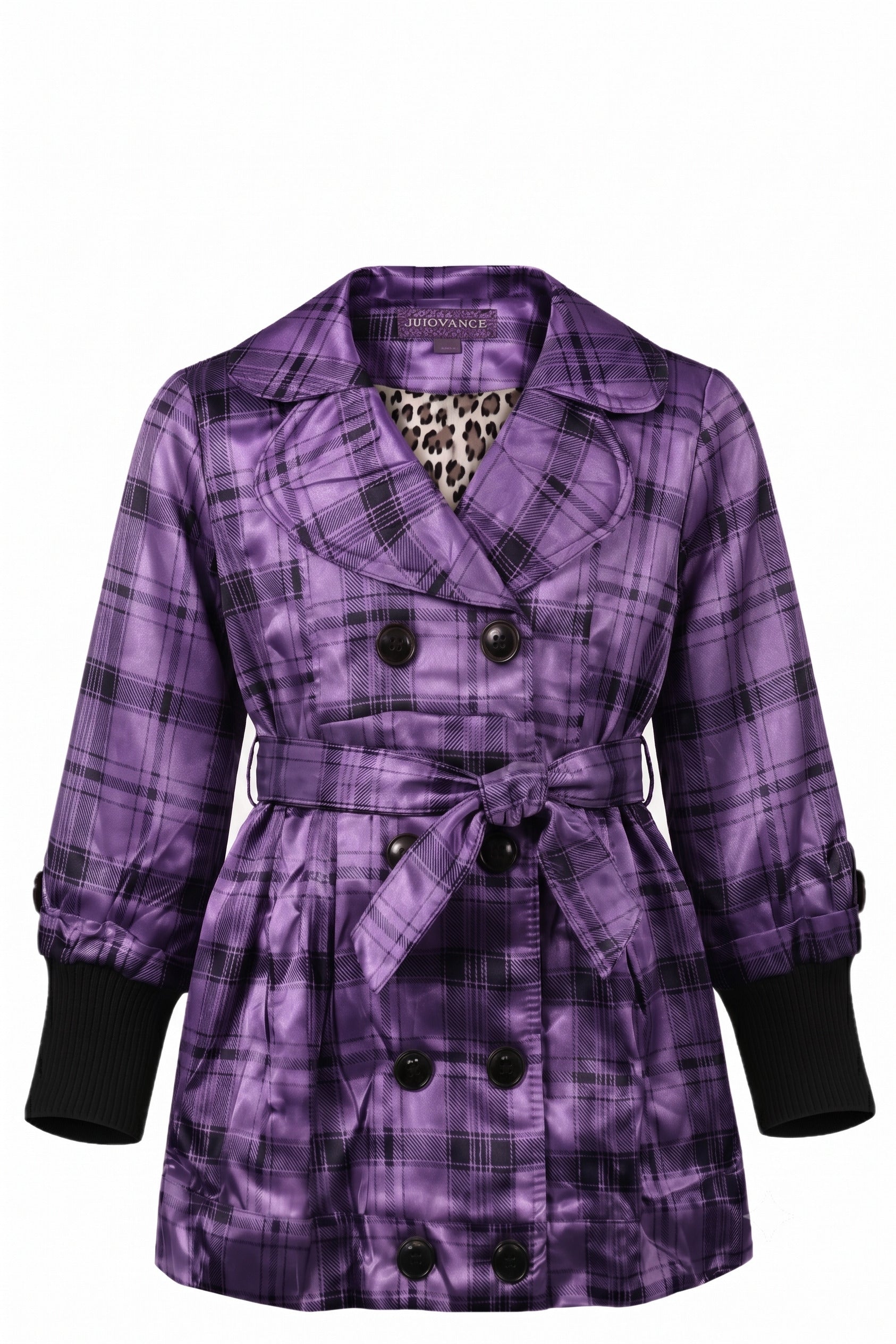 Manteau Trench-coat Fille Buoyance – Violet à Carreaux & Doublure Léopard – 4 à 12 ans – Neuf