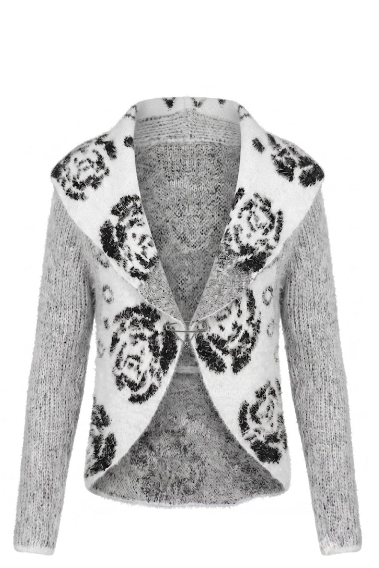 Boléro Fille – Gilet Gris Chiné & Col Blanc Roses Noires Brodées – 4 à 14 ans – Neuf
