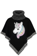Poncho Fille – Noir & Col Roulé Chiné – Licorne Arc-en-ciel à Sequins & Bordures Rayées – Neuf