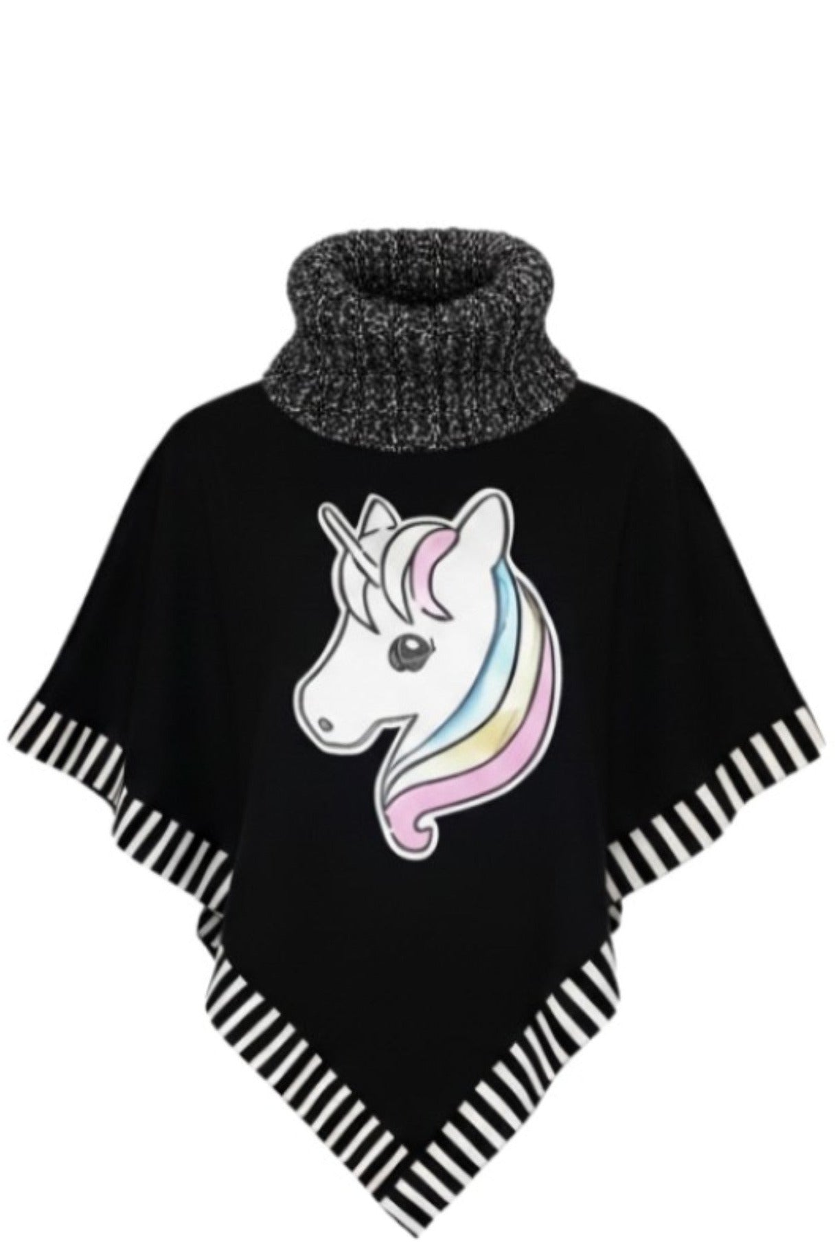 Poncho Fille – Noir & Col Roulé Chiné – Licorne Arc-en-ciel à Sequins & Bordures Rayées – Neuf