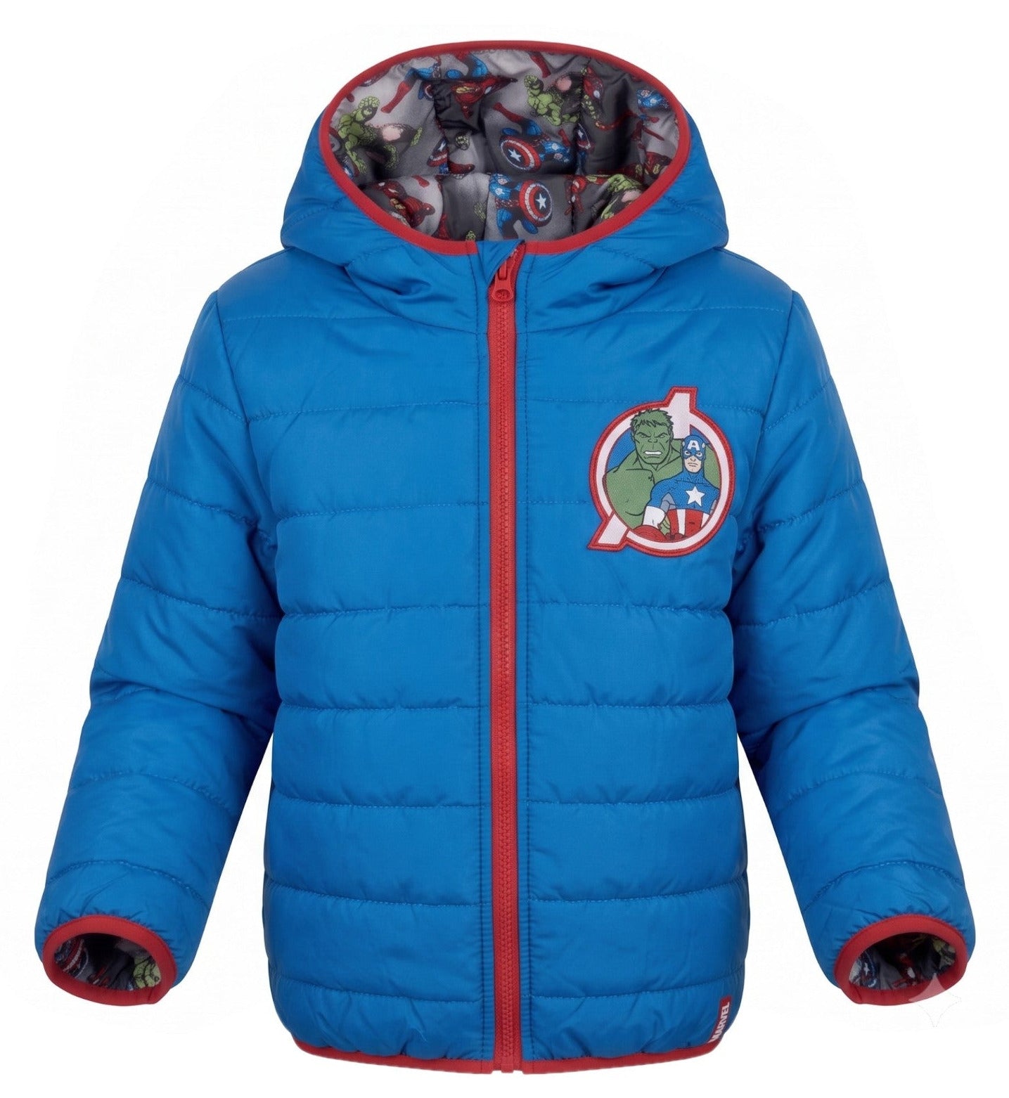 Doudoune Réversible Garçon – Bleu Uni Patch Avengers + Imprimé All-Over Héros Marvel – Capuche – 4 à 10 ans – Neuf