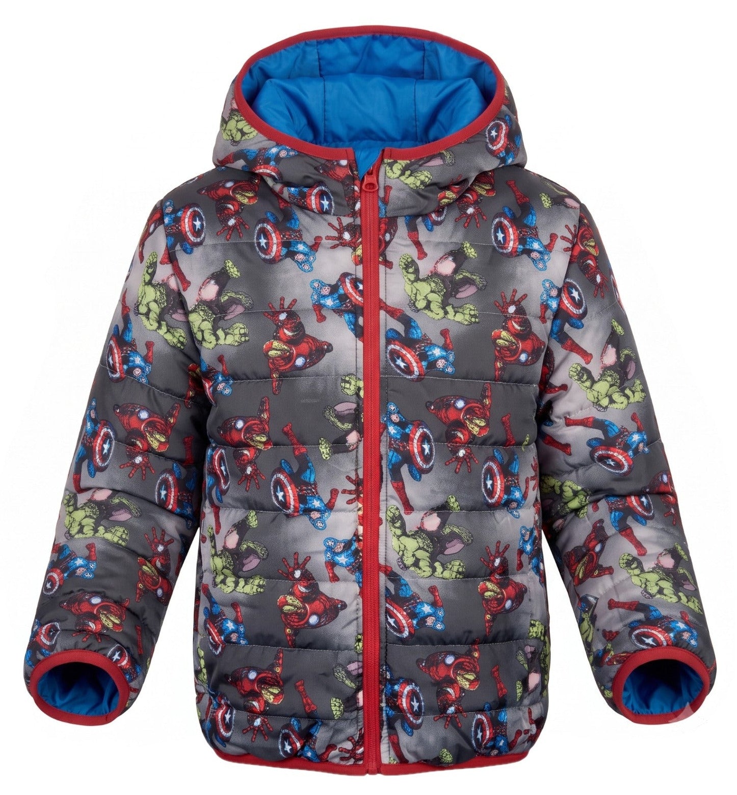 Doudoune Réversible Garçon – Bleu Uni Patch Avengers + Imprimé All-Over Héros Marvel – Capuche – 4 à 10 ans – Neuf