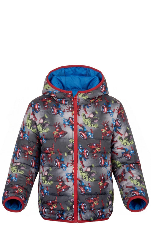 Doudoune Reversible Garcon Avengers Marvel Bleu Patch + Gris All-Over Heros Capuche Neuf