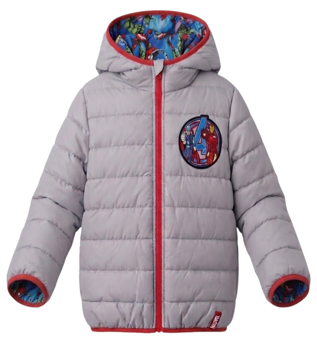 Doudoune Réversible Garçon – Gris Clair Patch Logo Avengers + Imprimé All-Over Bleu Roi Héros Marvel – Capuche – Neuf