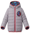 Doudoune Réversible Garçon – Gris Clair Patch Logo Avengers + Imprimé All-Over Bleu Roi Héros Marvel – Capuche – Neuf