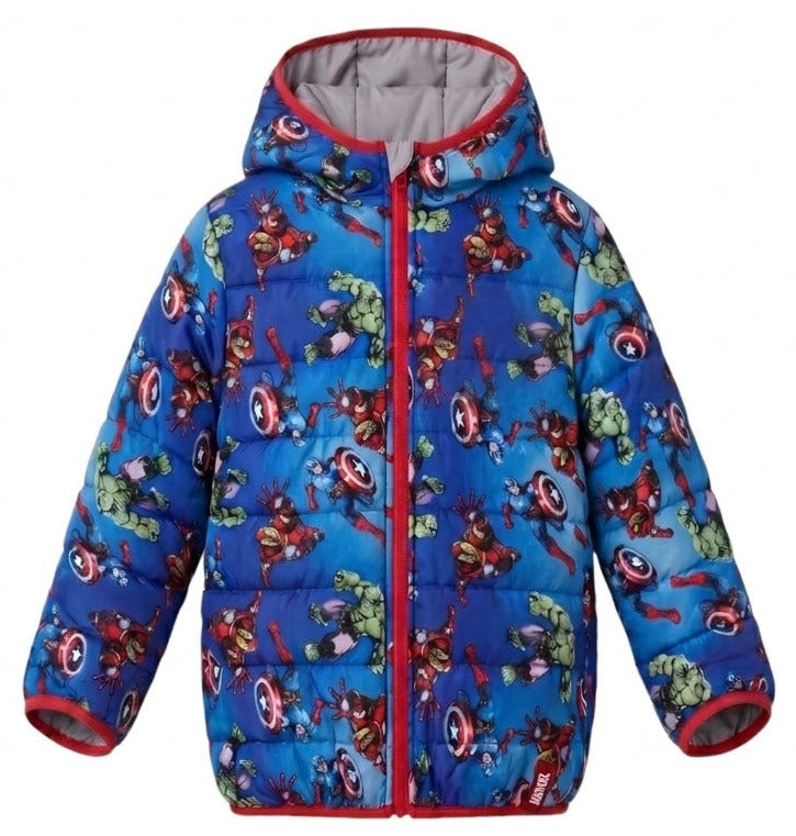 Doudoune Réversible Garçon – Gris Clair Patch Logo Avengers + Imprimé All-Over Bleu Roi Héros Marvel – Capuche – Neuf