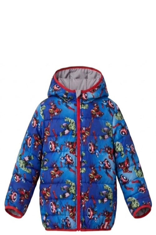 Doudoune Reversible Garcon Avengers Marvel Gris Patch + Bleu All-Over Heros Capuche Neuf