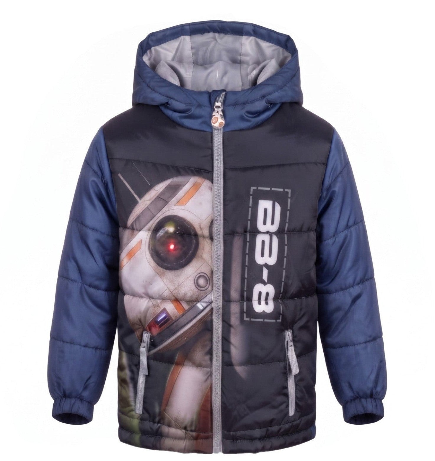 Doudoune Garçon à Capuche – Imprimé Photo-Réaliste BB-8 Star Wars – Noir & Bleu Marine – Poches Zippées – 4 à 10 ans – Neuf