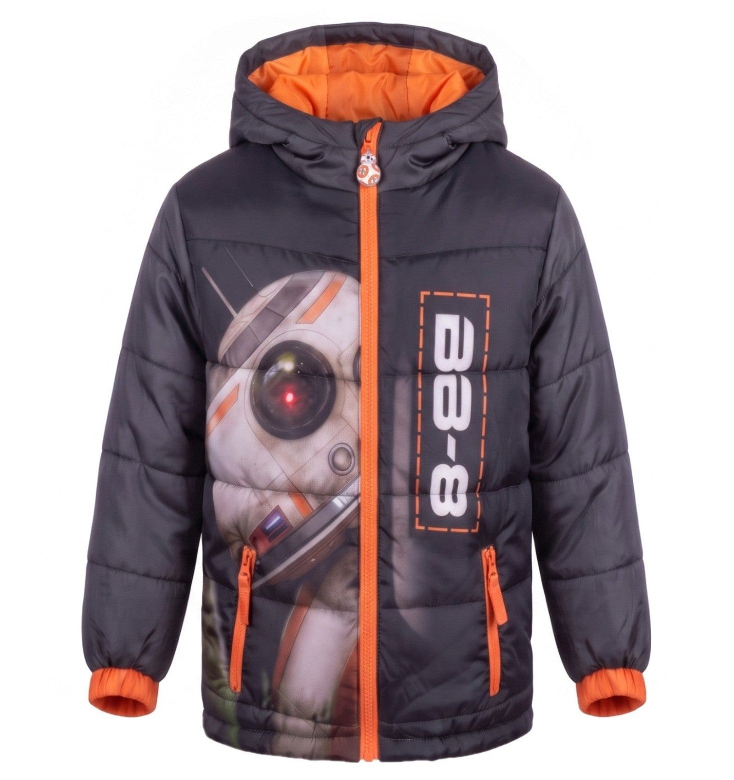 Doudoune Garçon à Capuche – Imprimé Photo-Réaliste BB-8 Star Wars – Noir & Anthracite, Détails Orange – 4 à 10 ans – Neuf