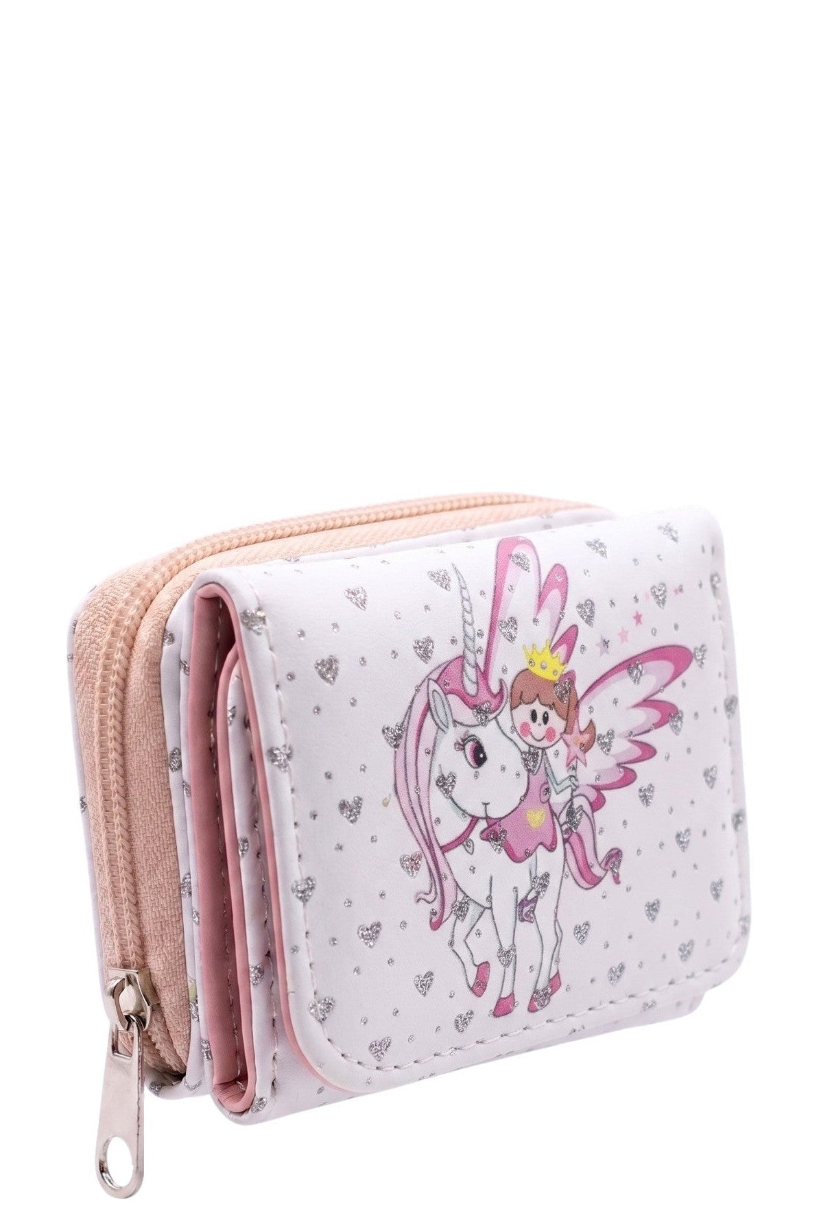 Mini Portefeuille Fille Licorne Fee Princesse Blanc Coeurs Argentes Simili Cuir 9x7cm Neuf