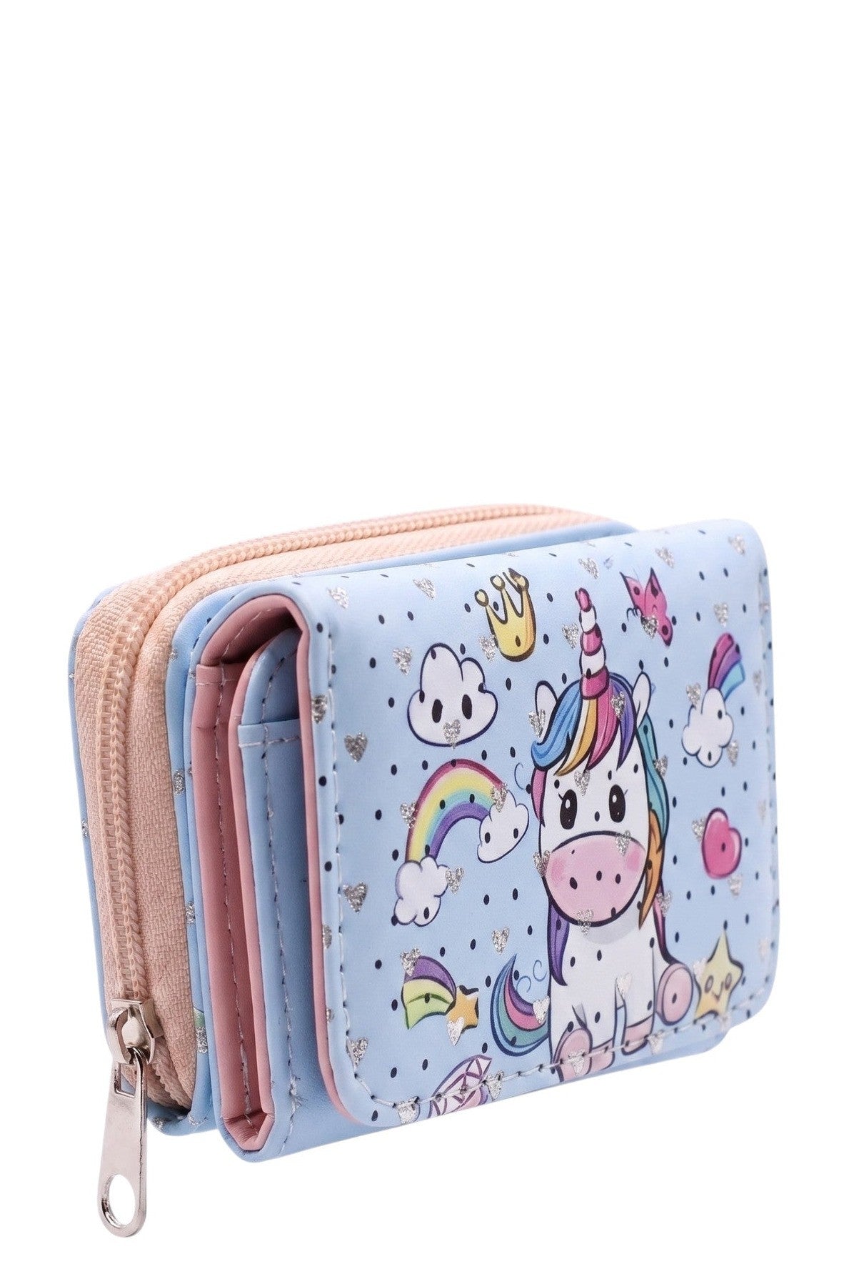 Mini Portefeuille Fille – Licorne Arc-en-ciel – Bleu Ciel – Simili Cuir – 9 x 7 cm – Neuf