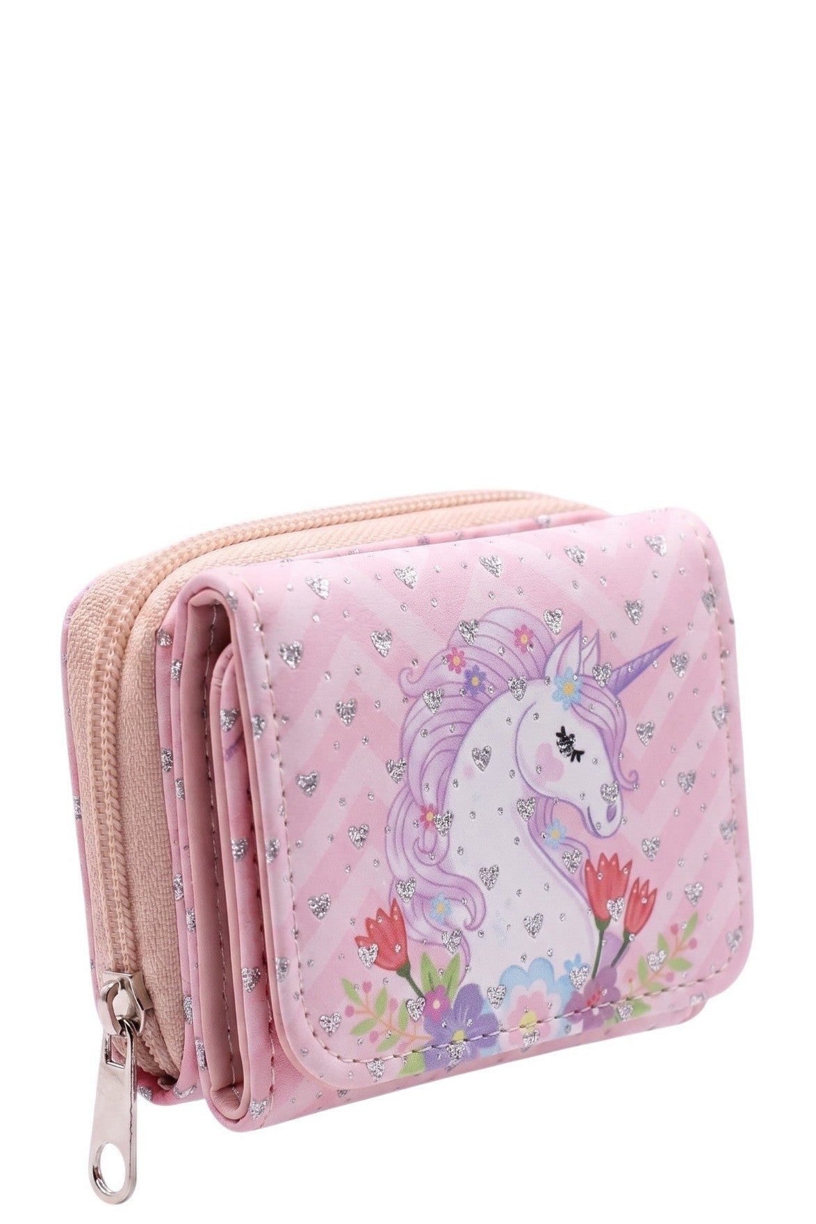 Mini Portefeuille Fille – Licorne Fleuri – Rose Poudré – Simili Cuir – 9 x 7 cm – Neuf