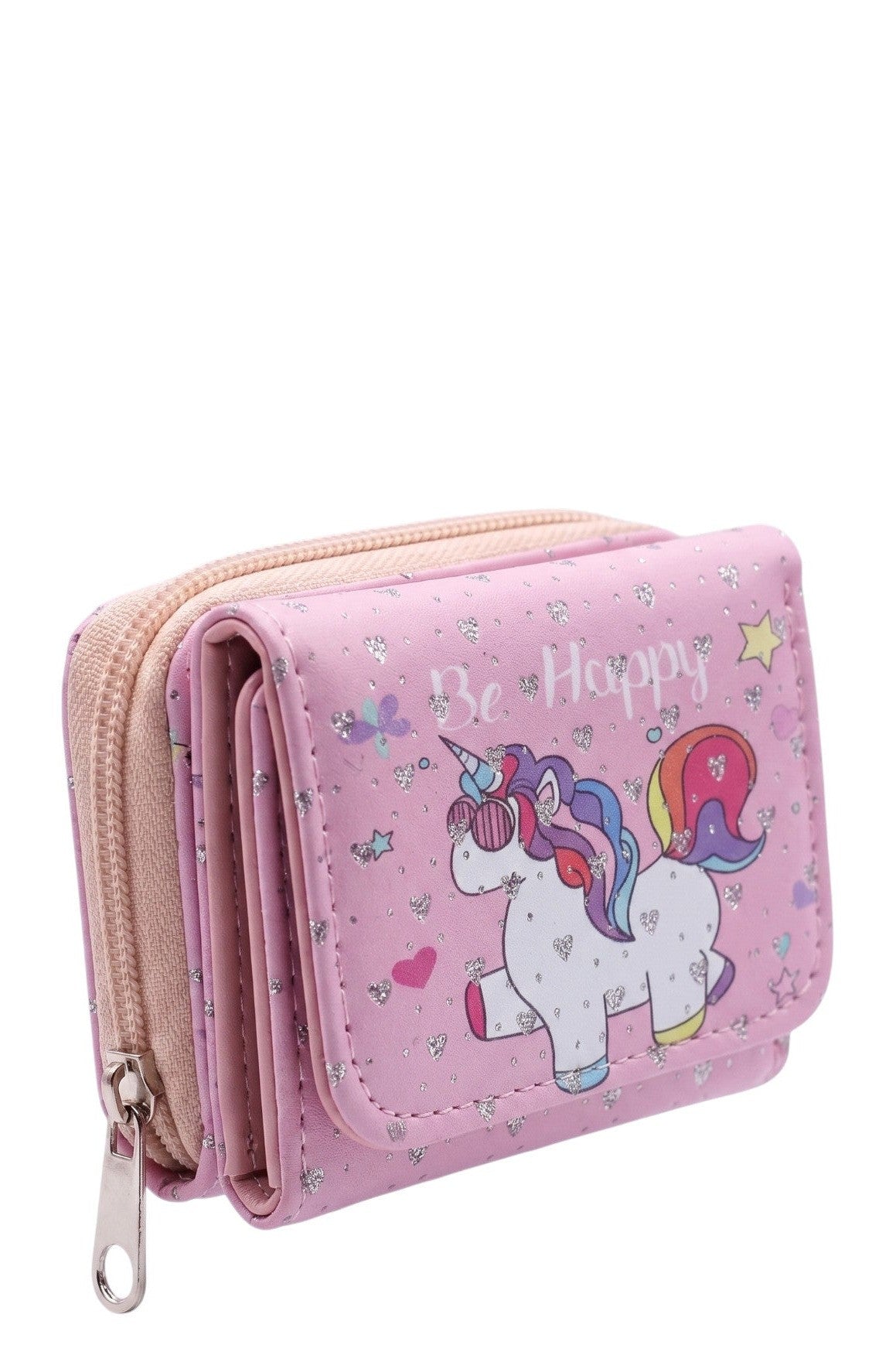 Mini Portefeuille Fille – Licorne Be Happy – Rose Lilas – Simili Cuir – 9 x 7 cm – Neuf