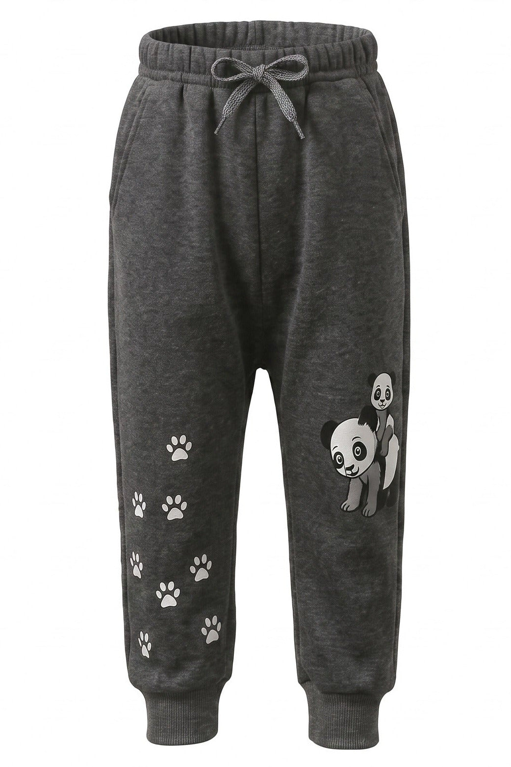 Jogging Fille Gris Anthracite – Motif Pandas & Empreintes de Pattes – Poches & Poignets Côtelés – 2 à 6 ans – Neuf