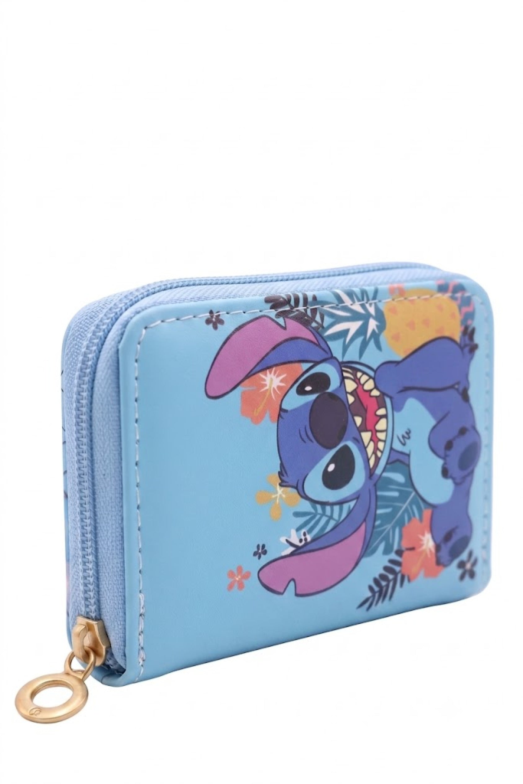 Portefeuille Fille Stitch Tropical Bleu Ciel Fleurs Ananas Simili Cuir Zip Dore 13x10cm Neuf