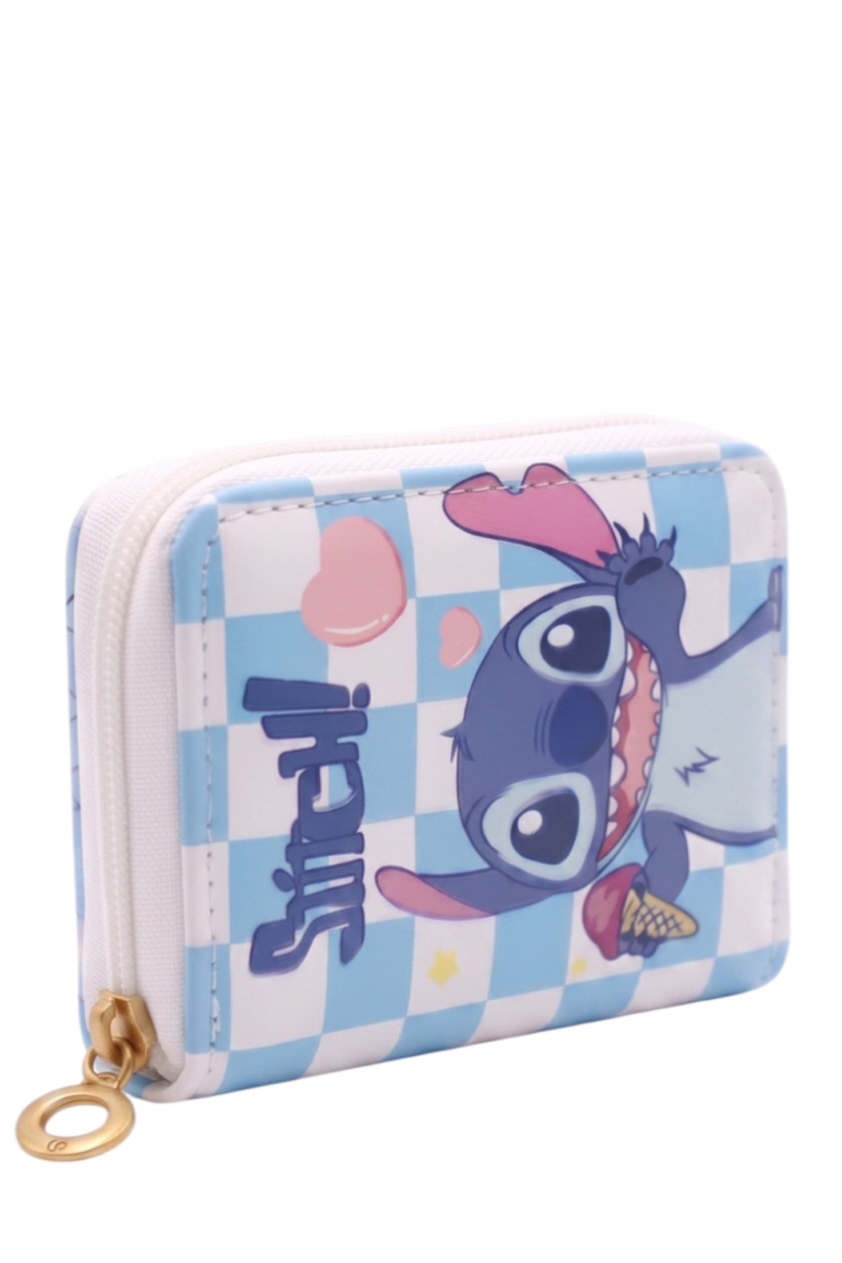 Petit Portefeuille Fille – Stitch Glace – Style Damier Bleu & Blanc – Simili Cuir – 13 x 10 cm – Neuf