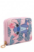 Petit Portefeuille Fille – Stitch Tropical – Fleurs Hibiscus & Feuilles Monstera – Rose Pastel – Simili Cuir – 13 x 10 cm – Neuf