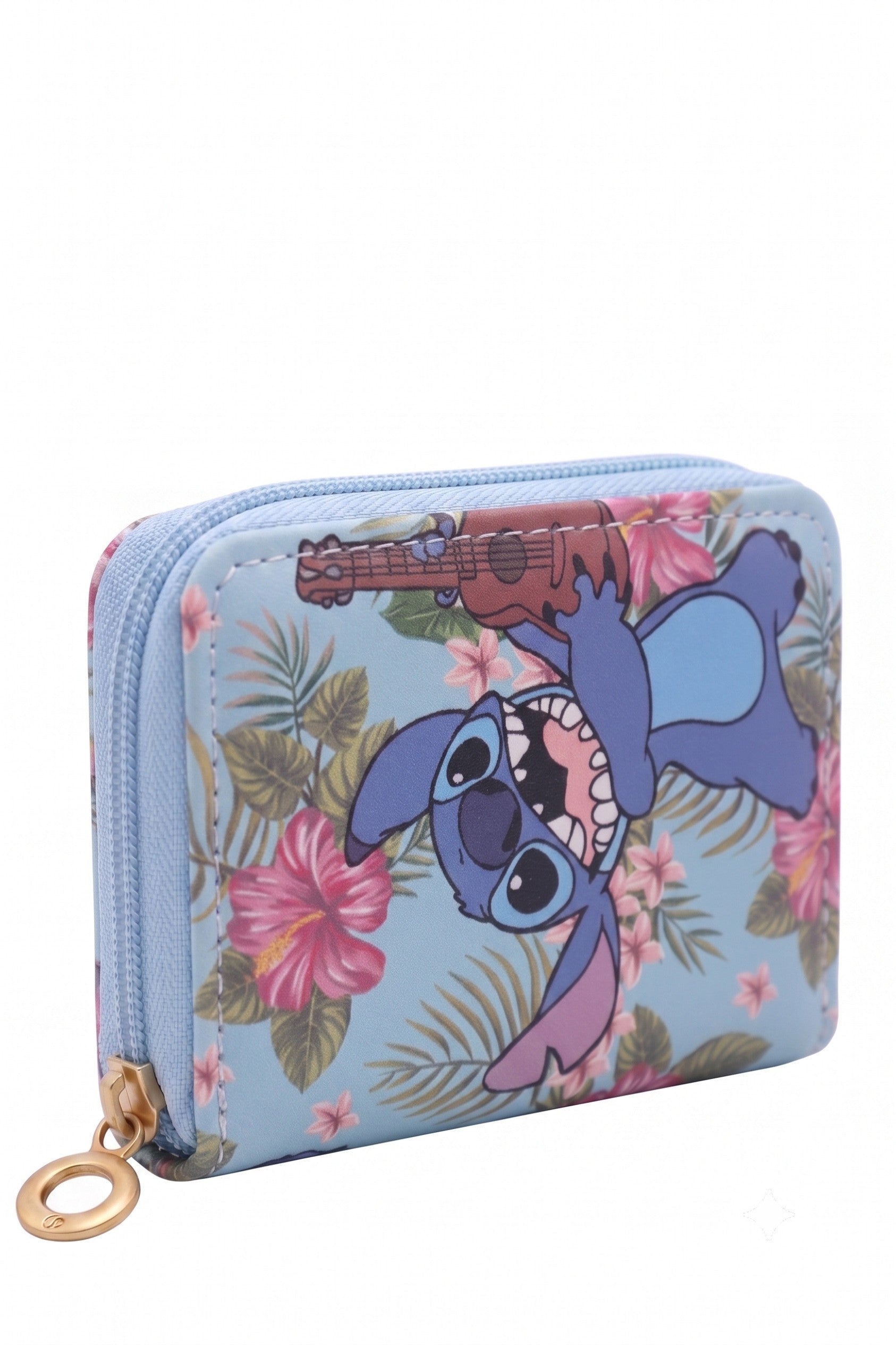 Petit Porte-monnaie Stitch Ukulele Tropical Hibiscus Bleu Ciel Zip Dore 13x10cm Neuf