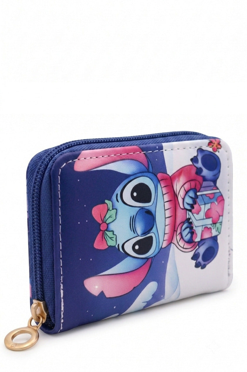 Petit Portefeuille Fille – Stitch Hiver – Bonnet Rose & Cadeau Fleuri – Bleu Marine – Simili Cuir – 13 x 10 cm – Neuf