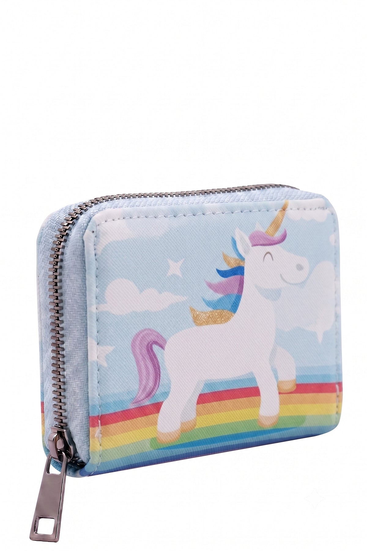Portefeuille Fille Licorne Arc-en-ciel Bleu Ciel Corne Doree Etoiles Simili Cuir 13x9cm Neuf