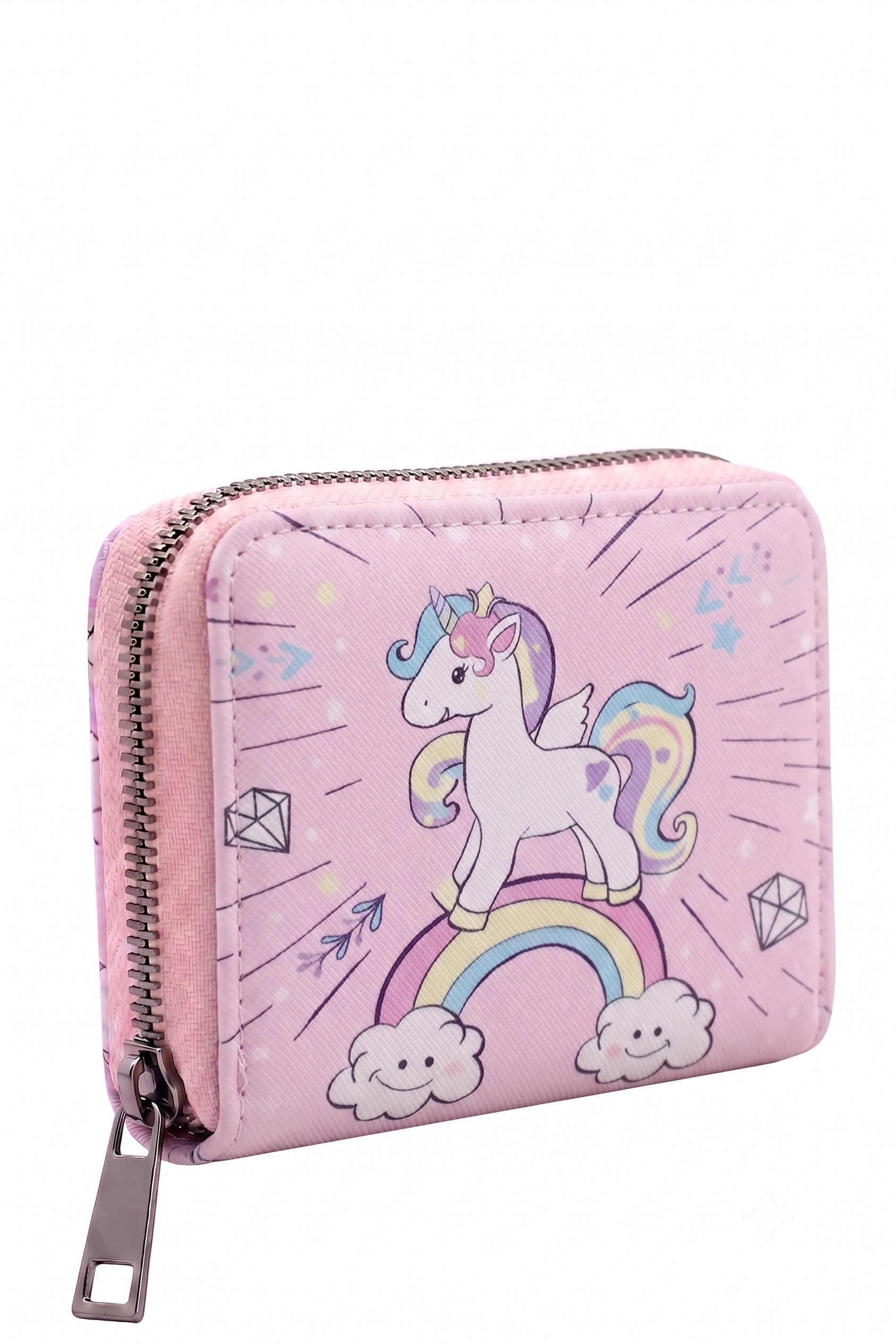 Portefeuille Fille Licorne Arc-en-ciel Rose Nuages Diamants Simili Cuir 13x9cm Neuf