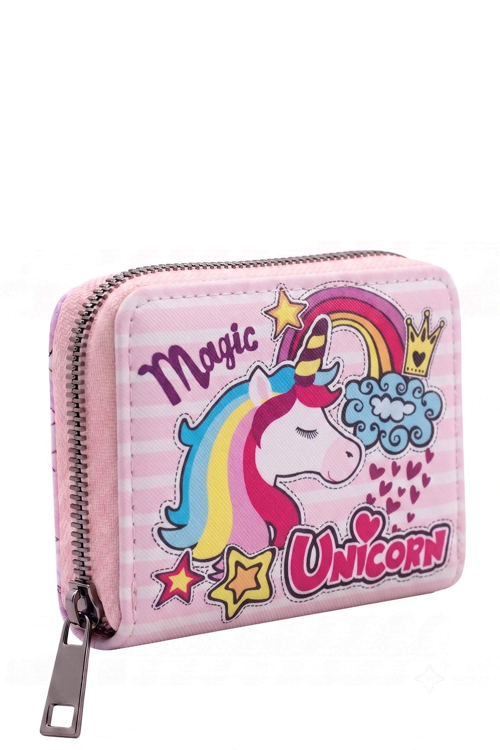 Portefeuille Fille Licorne Magic Unicorn Rose Raye Couronne Doree Simili Cuir 13x9cm Neuf
