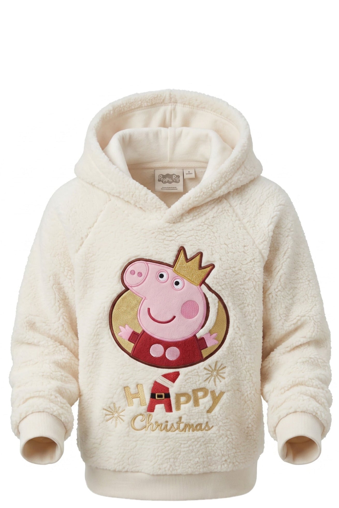 Sweat à Capuche Fille Crème Sherpa – Peppa Pig "Happy Christmas" Couronne Dorée – Brodé – 3 à 6 ans – Neuf