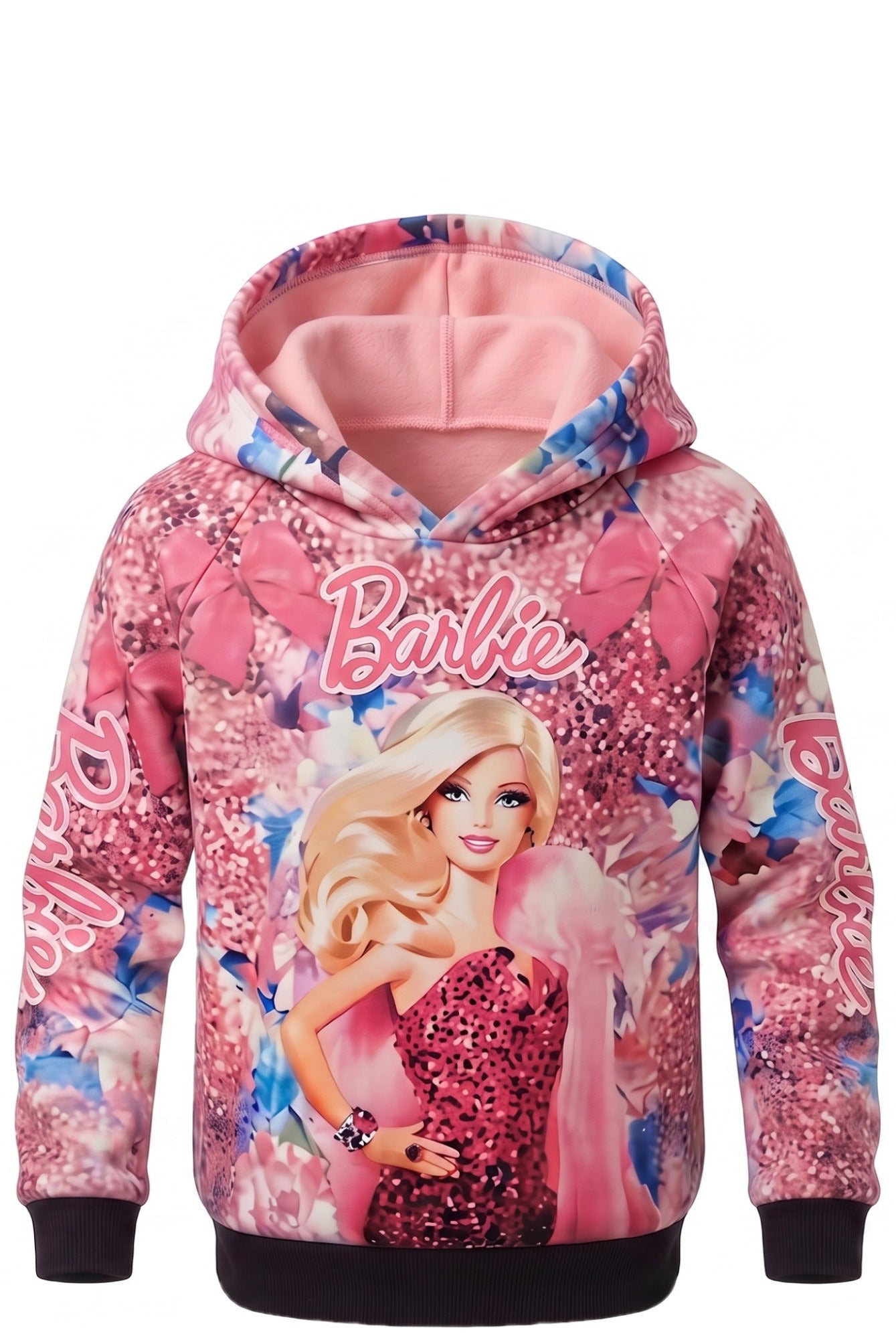 Sweat à Capuche Fille Rose – Motif Barbie Full Print Paillettes & Fleurs – Imprimé Devant & Dos – 4 à 14 ans – Neuf