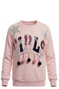 Pull Fille Rose Poudré – Inscription "GIRLS" Sequins Multicolores – Étoiles Paillettes & Pompons Chaînes – Col Rond – 4 à 14 ans – Neuf