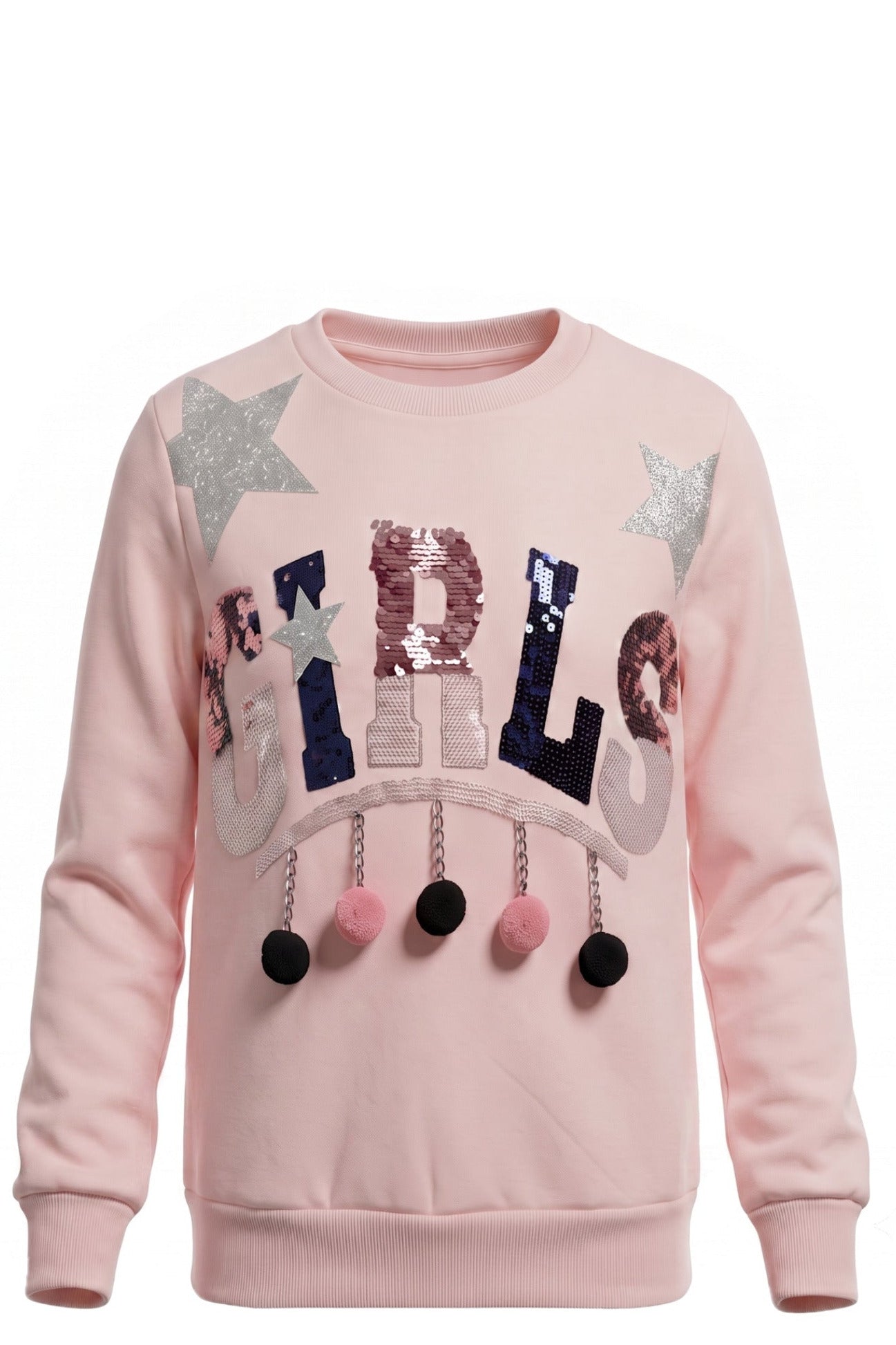 Pull Fille Rose Poudré – Inscription "GIRLS" Sequins Multicolores – Étoiles Paillettes & Pompons Chaînes – Col Rond – 4 à 14 ans – Neuf